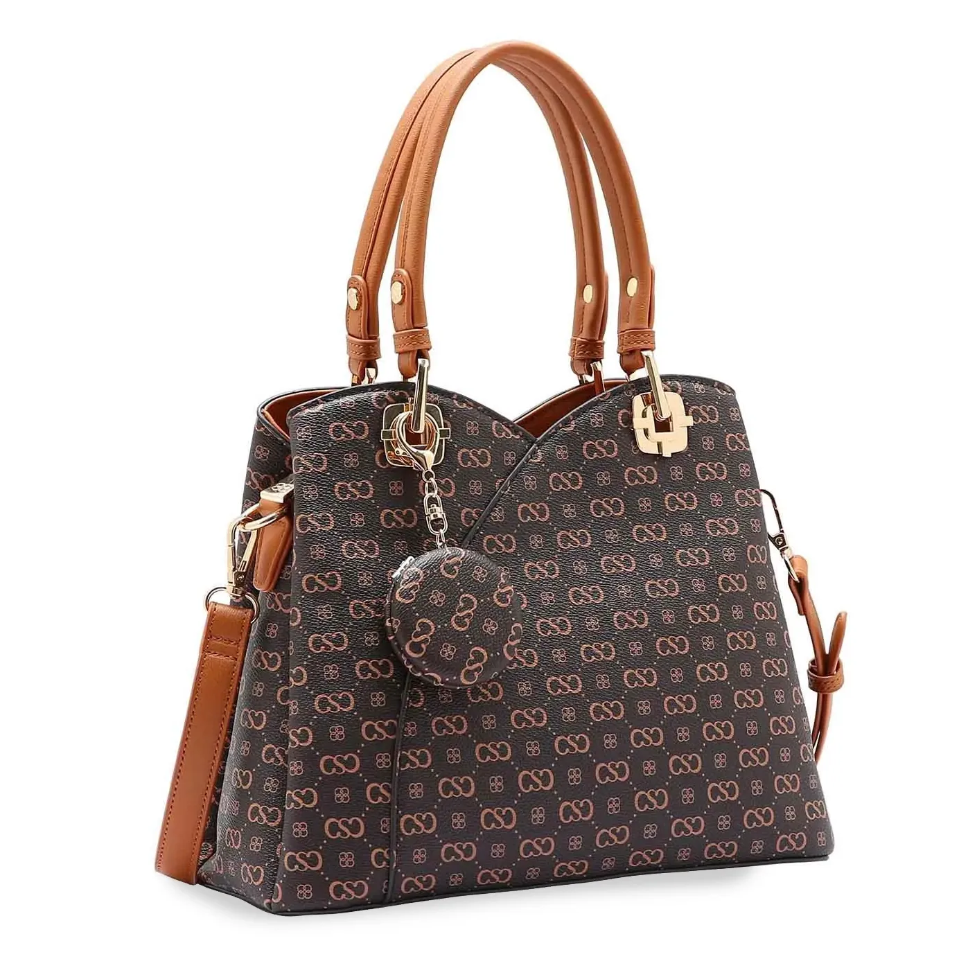 Bolsa de mão feminina Chenson cor marrom com estampa do logo CS, detalhes em ferragens douradas e chaveiro espelho